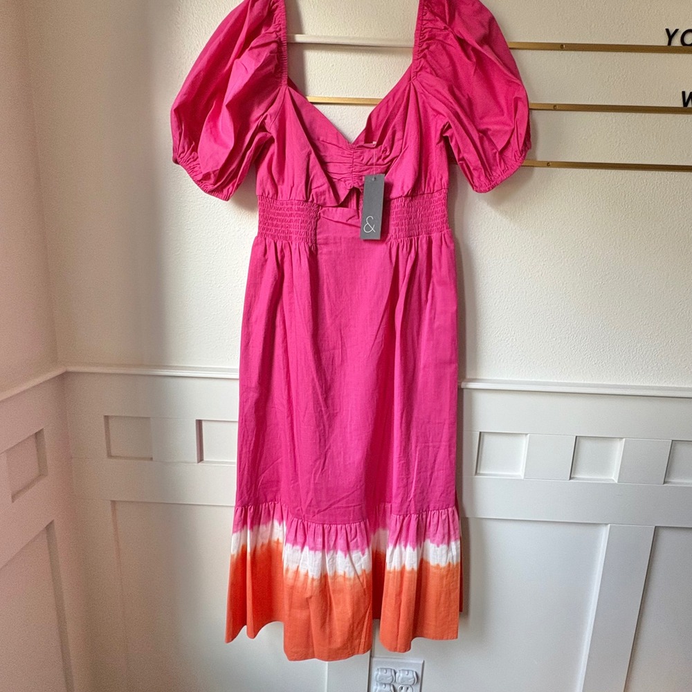 $395 NWT SACHIN & BABI Bri Tie Dye Pink & Orange Midi Dress Puff‎ Sleeves SIZE 8 - Picture 3 of 8